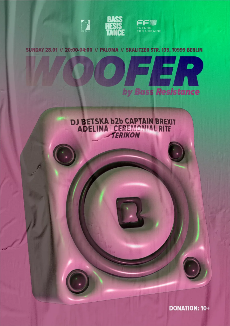 Bass Resistance event poster — Woofer × Paloma